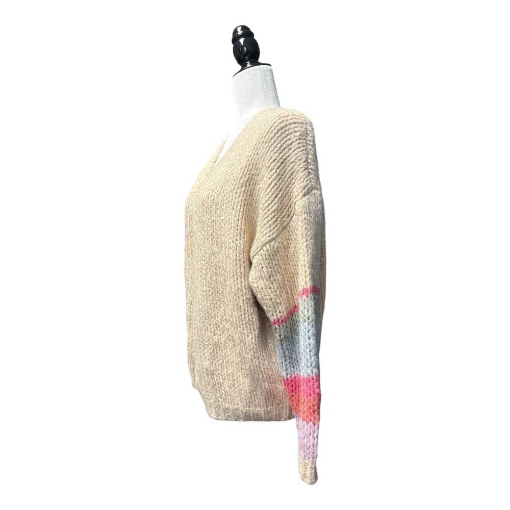 Saltwater Luxe Hello Sunshine Chunky Knit Cardigan Camel Striped Sleeve S NWT - Picture 2 of 6